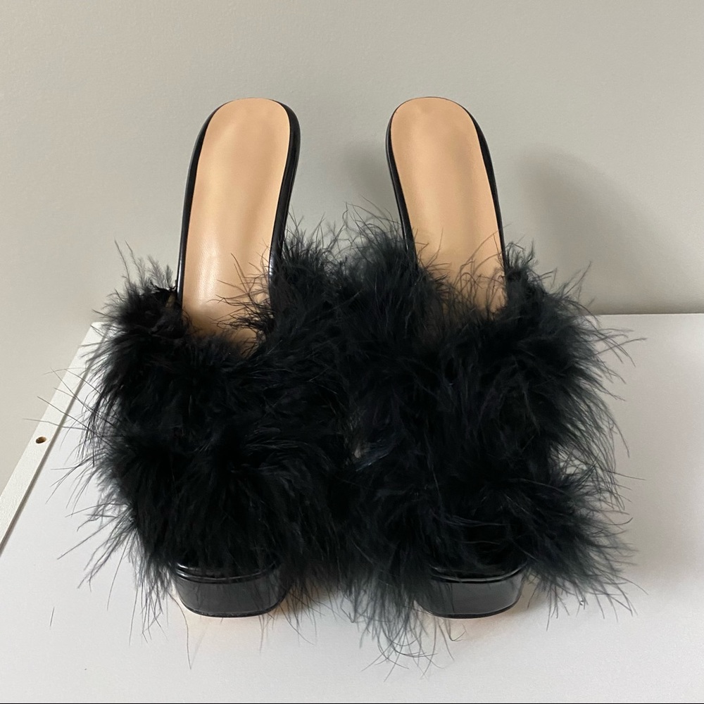 Black Patent Maribou Feather Mules Dancer Heels 41 Boudoir - Picture 4 of 6